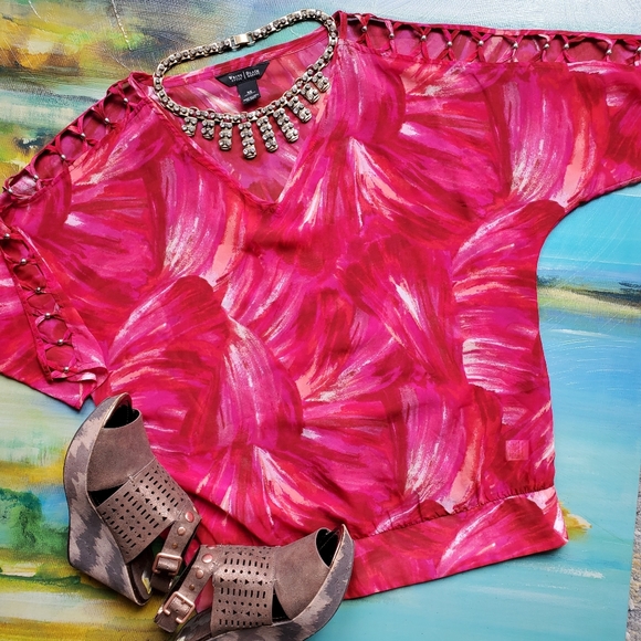 WHBM Sheer Criss Cross Shoulder Cutout Blouse - Picture 10 of 10